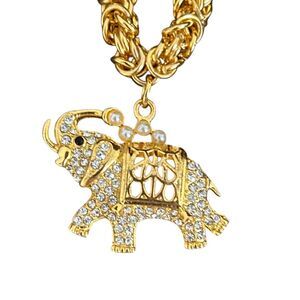 Gold Tone Elephant Pendant Necklace Adjustable Byzantine Chain Rhinestone